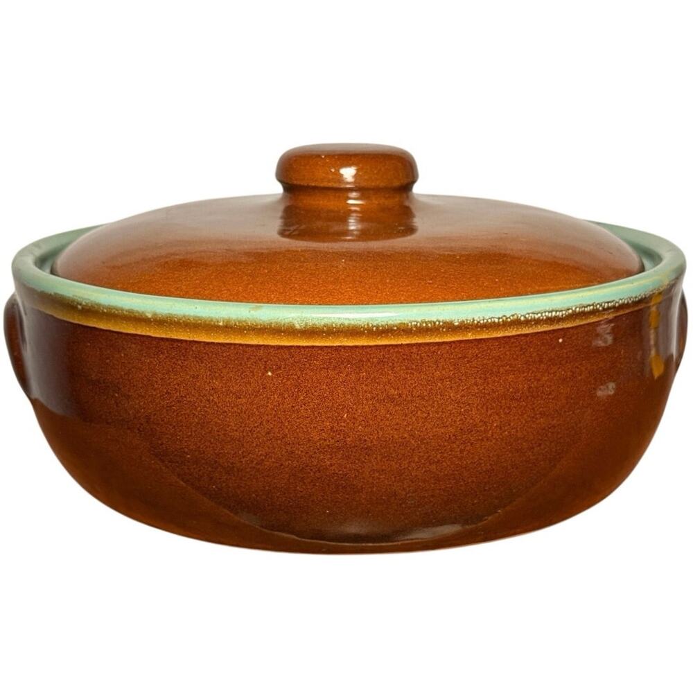 Vintage Country Fare Casserole Dish Tab Handles Brown Teal Glaze Stoneware USA
